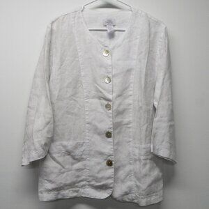 Mosaic USA 100% Linen Winter White Mother of Pearl Button 3/4 Sleeve Jacket L